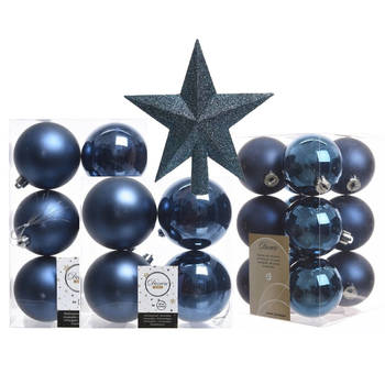 Kerstversiering kunststof kerstballen met piek donkerblauw 6-8-10 cm pakket van 45x stuks - Kerstbal