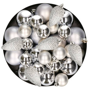 Kerstversiering kunststof kerstballen zilver 6-8-10 cm pakket van 50x stuks - Kerstbal