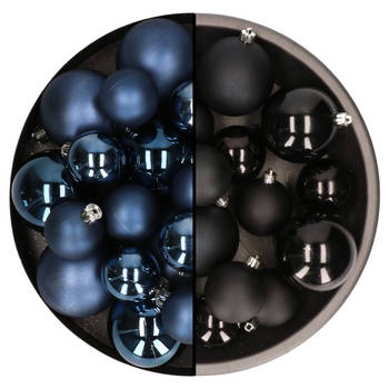 Kerstversiering kunststof kerstballen mix zwart/donkerblauw 4-6-8 cm pakket van 68x stuks - Kerstbal