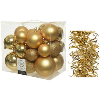 Kerstversiering kunststof kerstballen 6-8-10 cm met golf folieslingers pakket goud van 28x stuks - Kerstbal