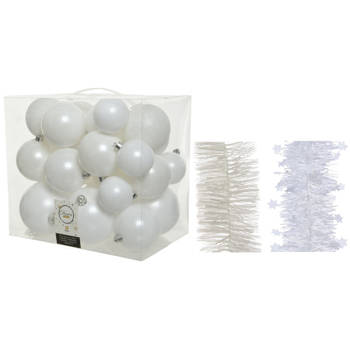 Kerstversiering kunststof kerstballen 6-8-10 cm met folieslingers pakket winter wit van 28x stuks - Kerstbal