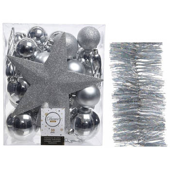 Kerstversiering kerstballen 5-6-8 cm met ster piek en glitter slingers pakket zilver van 35x stuks - Kerstbal