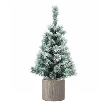 Mini kunst kerstboom besneeuwd 60 cm inclusief taupe pot - Kunstkerstboom