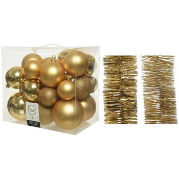 Kerstversiering kunststof kerstballen 6-8-10 cm met folieslingers pakket goud van 28x stuks - Kerstbal