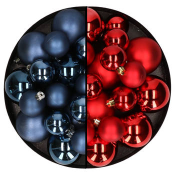 Kerstversiering kunststof kerstballen mix rood/donkerblauw 6-8-10 cm pakket van 44x stuks - Kerstbal