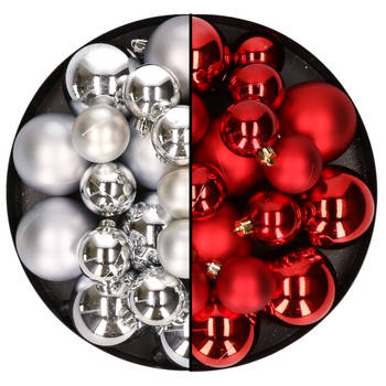 Kerstversiering kunststof kerstballen mix rood/zilver 6-8-10 cm pakket van 44x stuks - Kerstbal