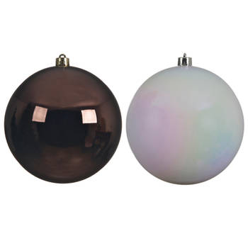 Kerstversieringen set van 2x grote kunststof kerstballen donkerbruin en parelmoer wit 20 cm glans - Kerstbal
