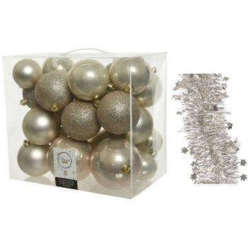 Kerstversiering kerstballen 6-8-10 cm met sterren folieslingers pakket parel/champagne van 28x stuks - Kerstbal