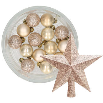 Decoris 14x stuks kerstballen 3 cm met ster piek champagne kunststof - Kerstbal