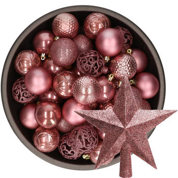 37x stuks kunststof kerstballen 6 cm incl. ster piek oudroze - Kerstbal