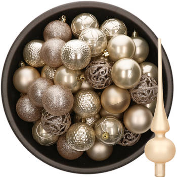 37x stuks kunststof kerstballen 6 cm incl. glazen piek champagne - Kerstbal