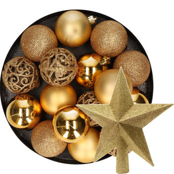 16x stuks kunststof kerstballen 6 cm incl. ster piek goud - Kerstbal