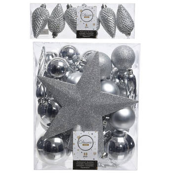 Kerstversiering kunststof kerstballen met piek zilver 5-6-8 cm pakket van 39x stuks - Kerstbal