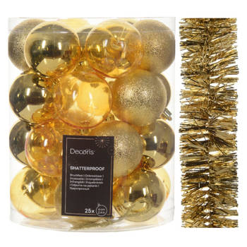 Kerstversiering set - goud - kerstballen 6 cm en slinger - kunststof - Kerstbal