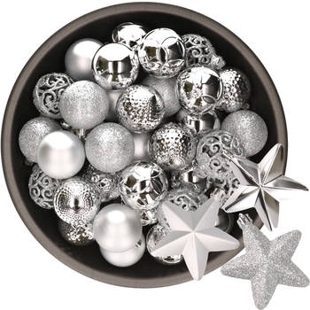 43x stuks kunststof kerstballen en sterren ornamenten zilver - Kerstbal