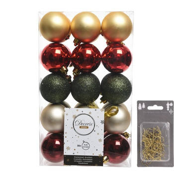 Kerstversiering mix pakket kunststof kerstballen 6 cm goud/groen/rood 30x stuks met haakjes - Kerstbal