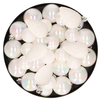 Kerstversiering kunststof kerstballen parelmoer wit 6-8-10 cm pakket van 50x stuks - Kerstbal