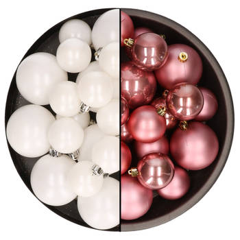 Kerstversiering kunststof kerstballen mix oud roze/winter wit 4-6-8 cm pakket van 68x stuks - Kerstbal