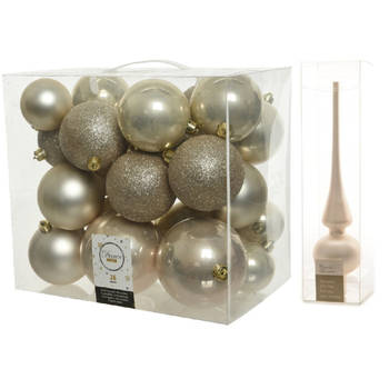 Kerstversiering kunststof kerstballen met piek parel/champagne 6-8-10 cm pakket van 27x stuks - Kerstbal