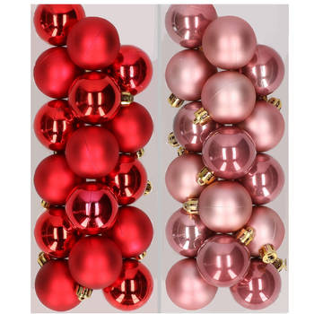 32x stuks kunststof kerstballen mix van rood en oudroze 4 cm - Kerstbal