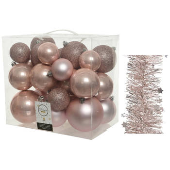 Kerstversiering kunststof kerstballen 6-8-10 cm met sterren slingers pakket lichtroze van 28x stuks - Kerstbal