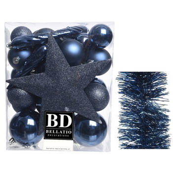Kerstversiering kerstballen 5-6-8 cm met ster piek en folieslingers pakket donkerblauw van 35x stuks - Kerstbal