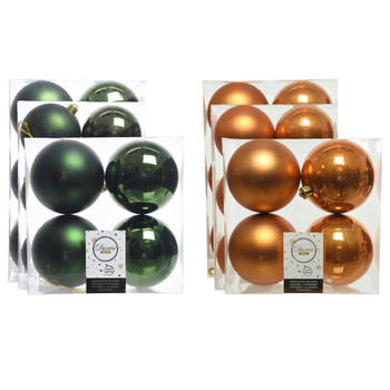 Kerstversiering kunststof kerstballen mix cognac/donkergroen 6-8-10 cm pakket van 44x stuks - Kerstbal