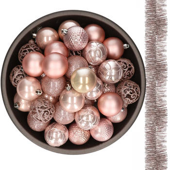 37x stuks kunststof kerstballen 6 cm met 2x stuks slingers lichtroze - Kerstbal
