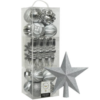 Decoris 30x st kunststof kerstballen, ornamenten en piek zilver - Kerstbal