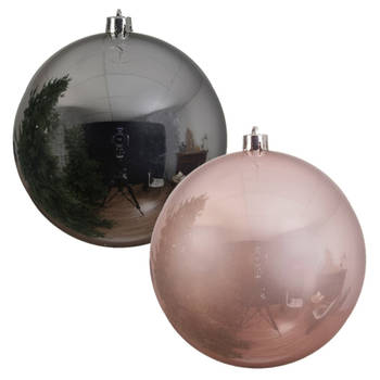 2x stuks grote kerstballen van 20 cm glans van kunststof roze en zilver - Kerstbal