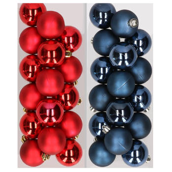 32x stuks kunststof kerstballen mix van rood en donkerblauw 4 cm - Kerstbal