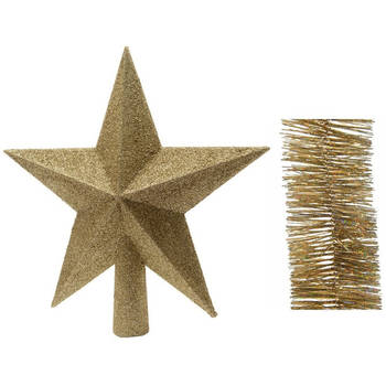 Kerstversiering kunststof glitter ster piek 19 cm en glitter folieslingers pakket goud van 3x stuks - kerstboompieken