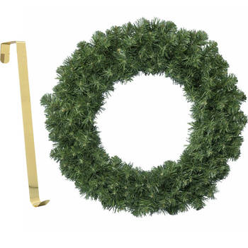 Kerstkrans groen 35 cm kunststof incl. messing deurhanger - Kerstkransen