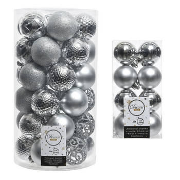 Kerstversiering kunststof kerstballen zilver 4-6 cm pakket van 53x stuks - Kerstbal