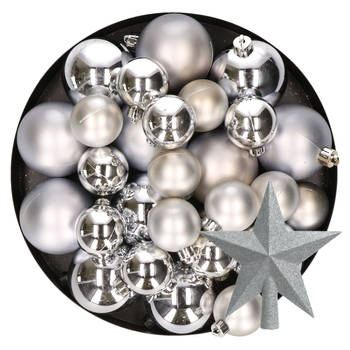 Kerstversiering kunststof kerstballen met piek zilver 6-8-10 cm pakket van 45x stuks - Kerstbal