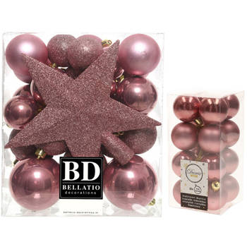 Kerstversiering kunststof kerstballen met piek oud roze 4-5-6-8 cm pakket van 49x stuks - Kerstbal