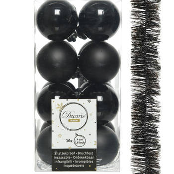 Decoris 16x stuks kerstballen 4 cm met slinger zwart kunststof - Kerstbal