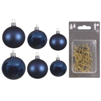 Groot pakket glazen kerstballen 50x donkerblauw glans/mat 4-6-8 cm incl haakjes - Kerstbal