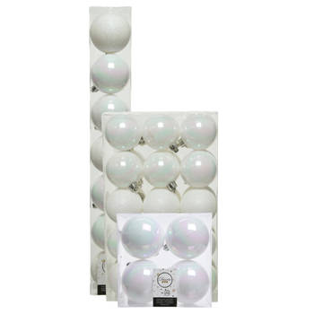 Kerstversiering kunststof kerstballen parelmoer wit 6-8-10 cm pakket van 52x stuks - Kerstbal