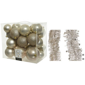 Kerstversiering kerstballen 6-8-10 cm met folieslingers pakket parel/champagne van 28x stuks - Kerstbal