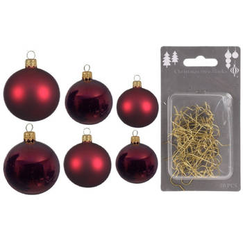 Groot pakket glazen kerstballen 50x donkerrood glans/mat 4-6-8 cm incl haakjes - Kerstbal