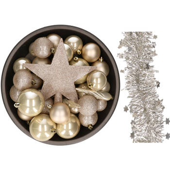 Kerstversiering kerstballen 5-6-8 cm met ster piek en sterren slingers pakket champagne 35x stuks - Kerstbal