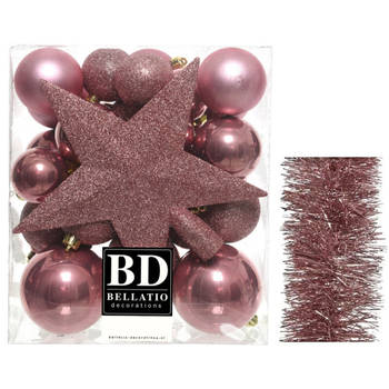 Kerstversiering kerstballen 5-6-8 cm met ster piek en folieslingers pakket oud roze van 35x stuks - Kerstbal
