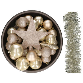 Kerstversiering kerstballen 5-6-8 cm met ster piek en folieslingers pakket champagne van 35x stuks - Kerstbal
