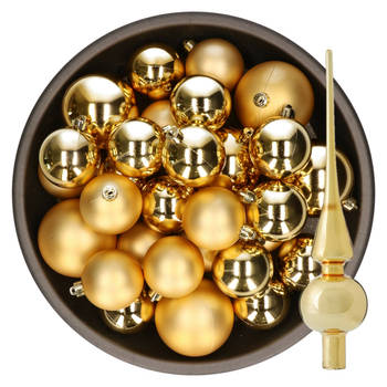 Kerstversiering kunststof kerstballen met piek goud 6-8-10 cm pakket van 45x stuks - Kerstbal