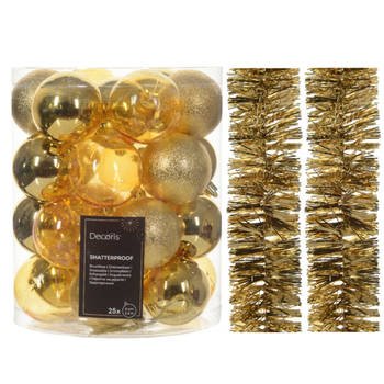 Kerstversiering set - goud - kerstballen 6 cm en slingers- kunststof - Kerstbal