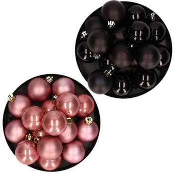Kerstversiering kunststof kerstballen mix zwart/ oud roze 4 en 6 cm pakket van 80x stuks - Kerstbal
