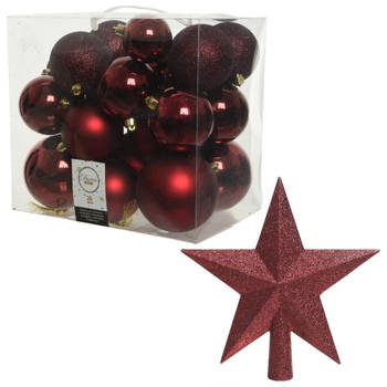 Kerstversiering kunststof kerstballen met piek donkerrood 6-8-10 cm pakket van 27x stuks - Kerstbal
