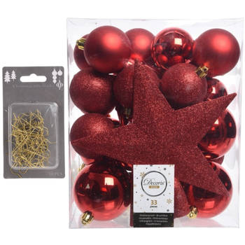 33x stuks kunststof kerstballen 5, 6 en 8 cm rood inclusief ster piek en kerstbalhaakjes - Kerstbal