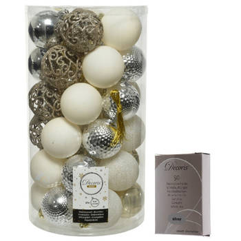 Kerstversiering mix pakket kunststof kerstballen 6 cm zilver/parel/wit 37x stuks met haakjes - Kerstbal